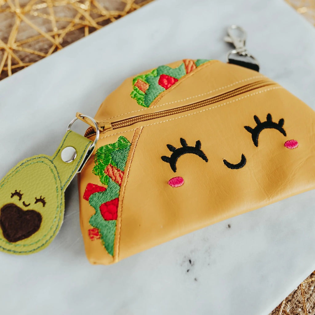 TACO KAWAII ZIPPERED POUCH FOR KIDS Tiny owls gift co with avacado keychain sitting on white tray