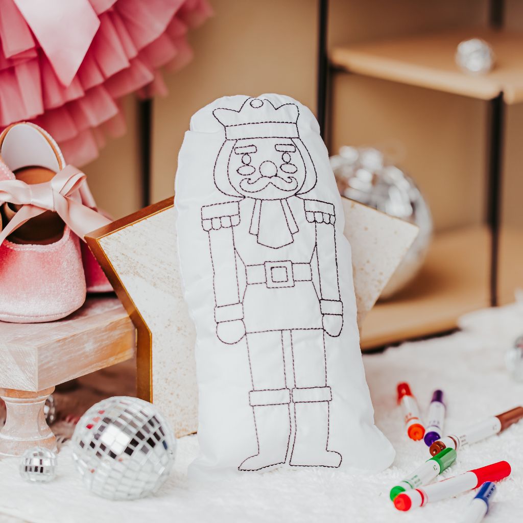 Tiny Owls Gift Co nutcracker doodle pillow with disco ball and washable markers in front