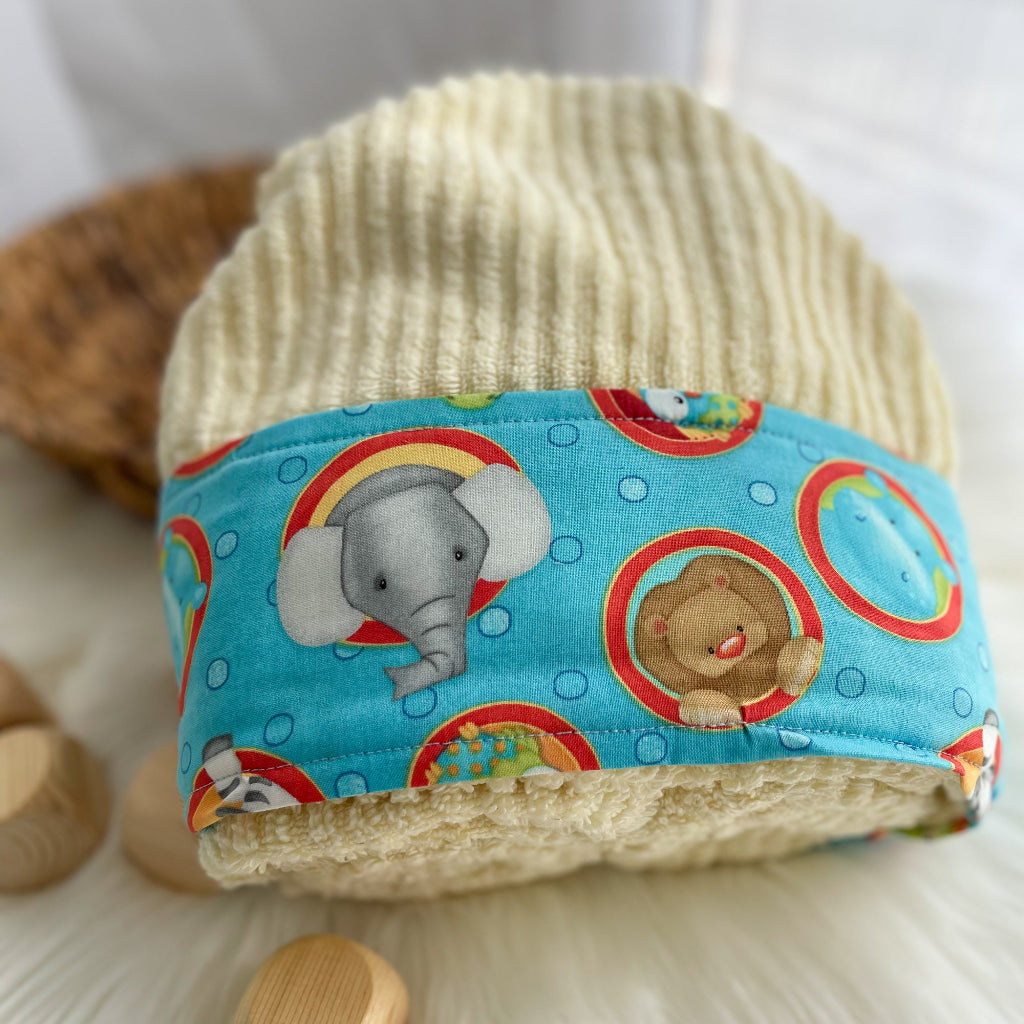 baby hooded towel with safari animals on the hood elephant lion
