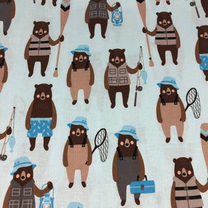 Fabric featuring bears with fishing poles, nets and tackle boxes