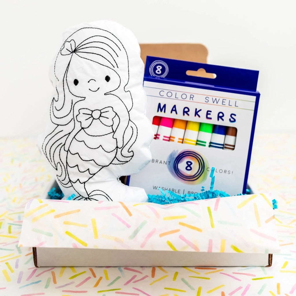 Mermaid Doodle Doll Kids Activity Kit Tiny Owls Gift Co Sitting in a white box with tissue paper and a package of washable markers