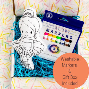 Ballerina doodle sitting in a white box with tissue paper and a package of washable markersTiny Owls Gift Co
