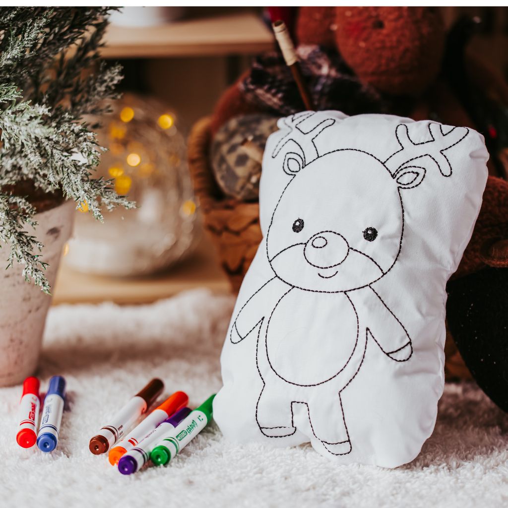 Tiny Owls Gift Co reindeer doodle pillow with washable markers 