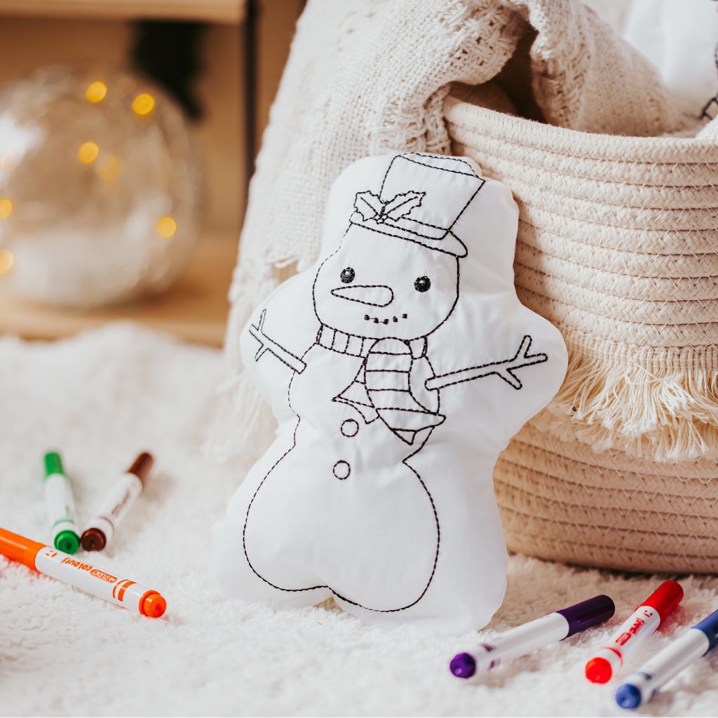 Tiny Owls Gift Co snowman doodle pillow with washable markers in front