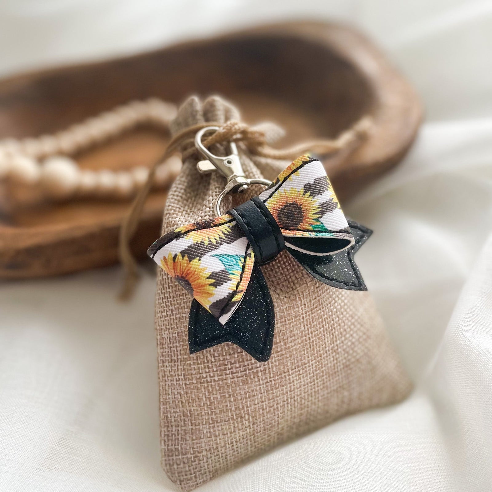 "Sunflowers" Bow Keychain Purse Charm Tiny Owls Gift Co