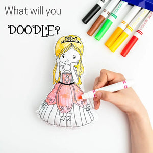 Princess Doodle doll Activity Kit with a hand coloring it and washable markers fanned out at the top rightTiny Owls Gift Co